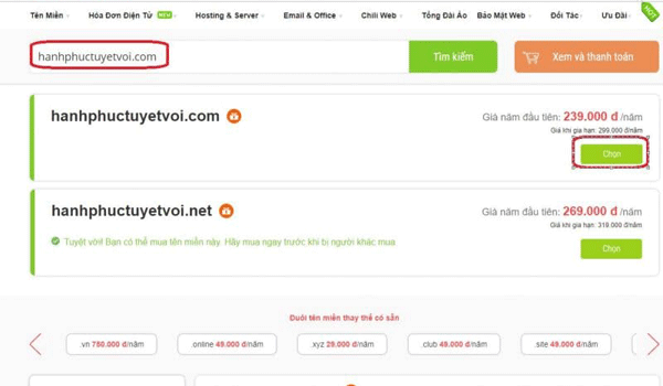  Tên miền chưa được đăng ký sẽ xuất hiện phần lựa chọn - Cách chọn tên miền
