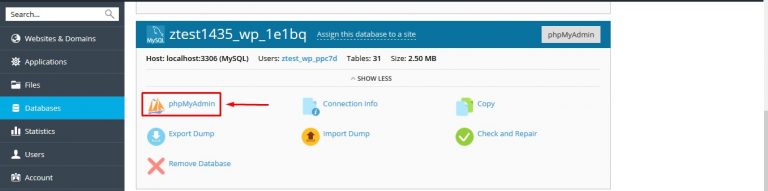 Bước 2: Trong giao diện Databases → phpMyAdmin