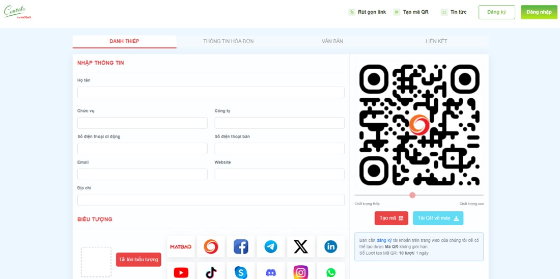 Giao diện tạo mã QR miễn phí Canvato