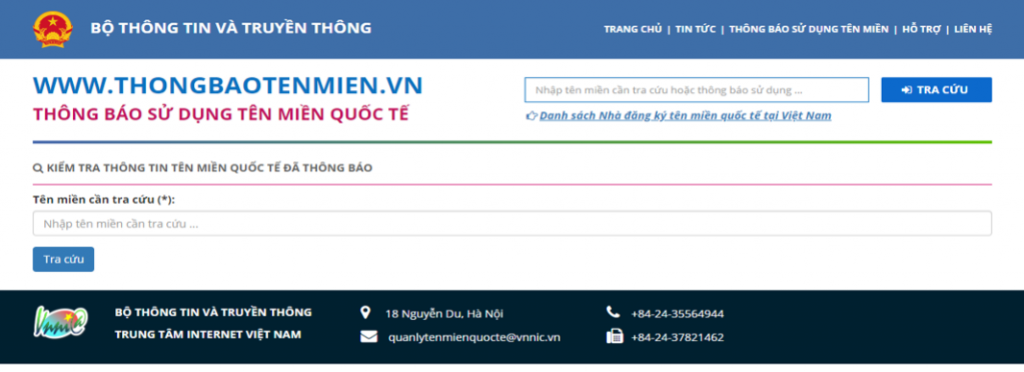 Bước 1: Truy cập vào trang http://thongbaotenmien.vn