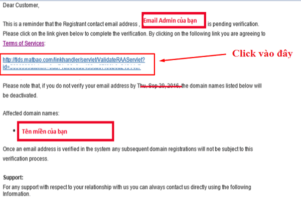 Email xác nhận đăng ký tên miền thành công