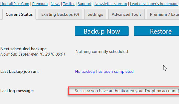 Thông báo thành công xuất hiện sau khi backup